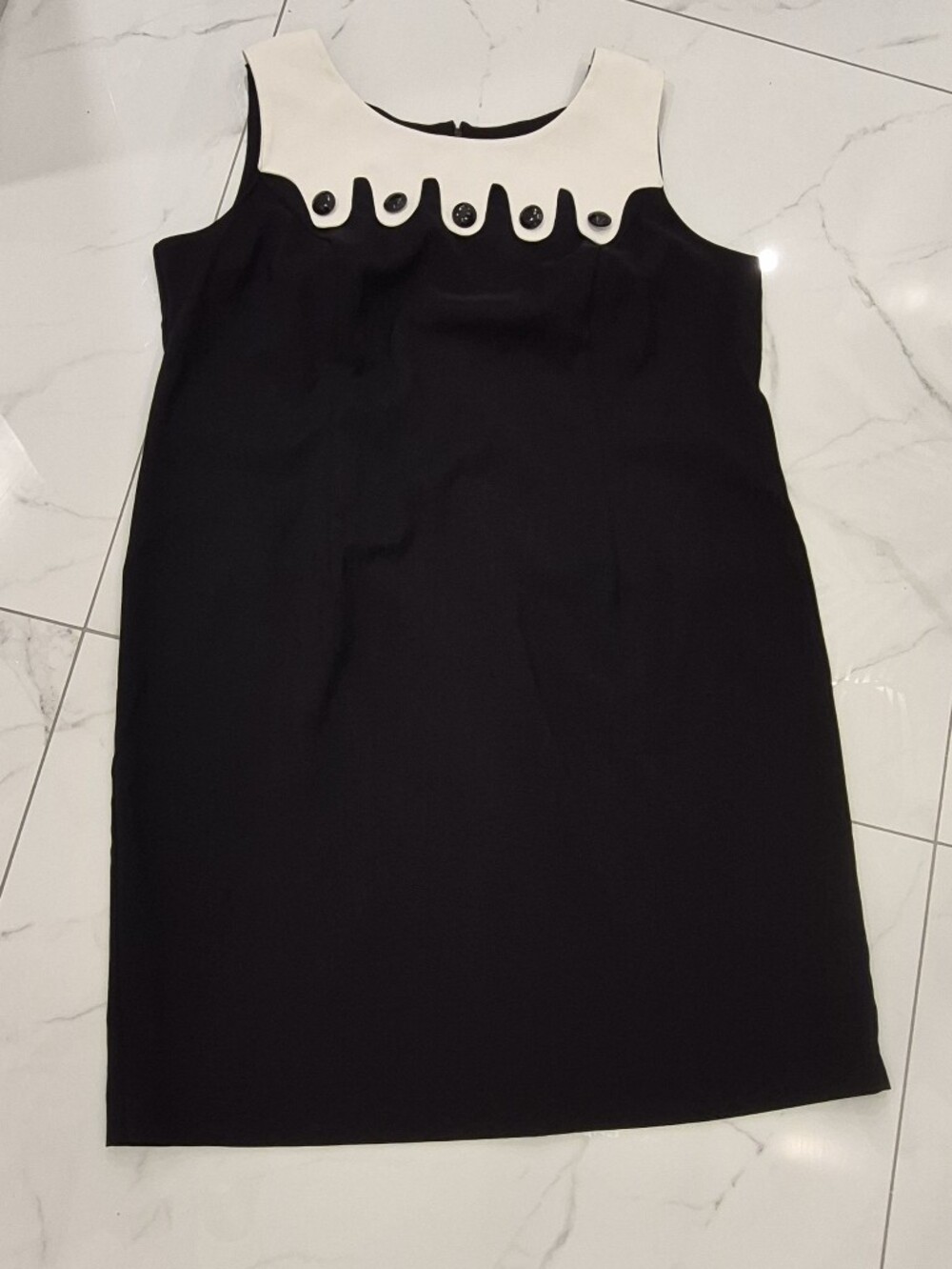 Dana Kay Black Dress with White Scalloped Yoke and Button Detail